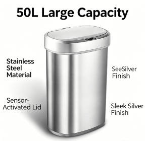 50L Brushed Silver Stainless Steel Automatic Sensor Trash Can, Touchless Motion Activated Garbage Bin with Auto Close Sealed Lid